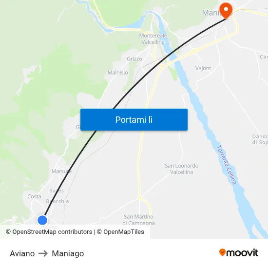Aviano to Maniago map