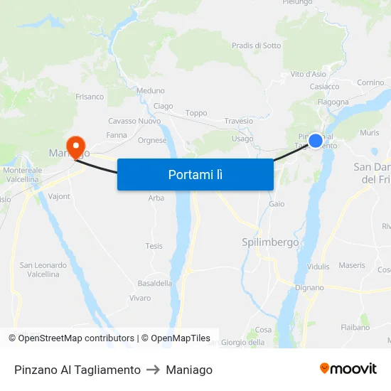Pinzano Al Tagliamento to Maniago map