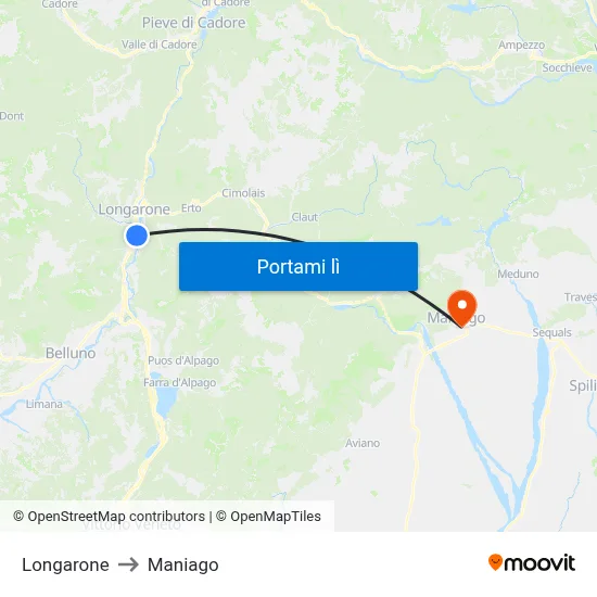 Longarone to Maniago map