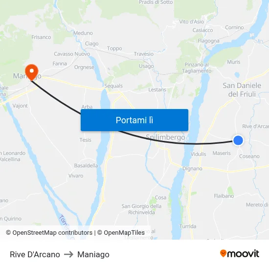 Rive D'Arcano to Maniago map