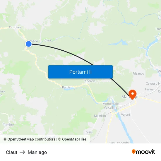 Claut to Maniago map