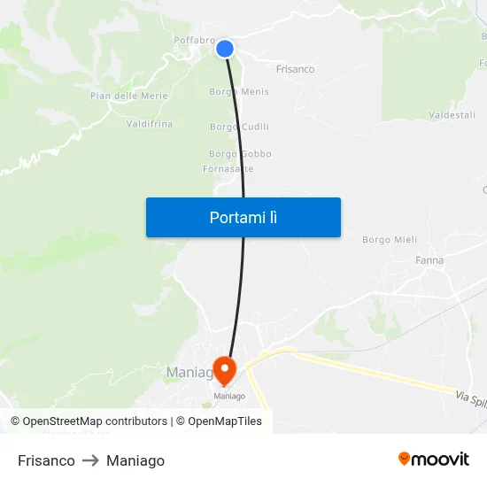Frisanco to Maniago map