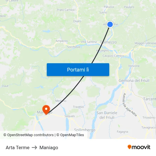 Arta Terme to Maniago map