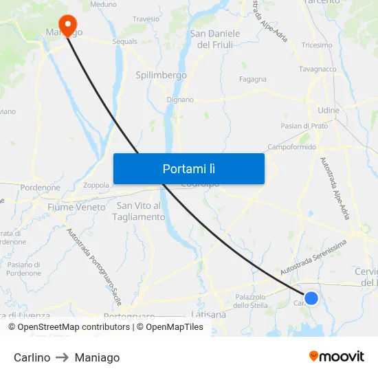 Carlino to Maniago map