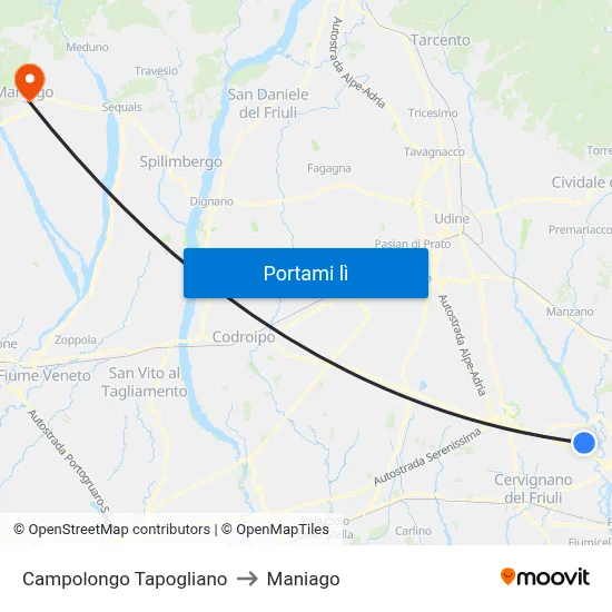 Campolongo Tapogliano to Maniago map