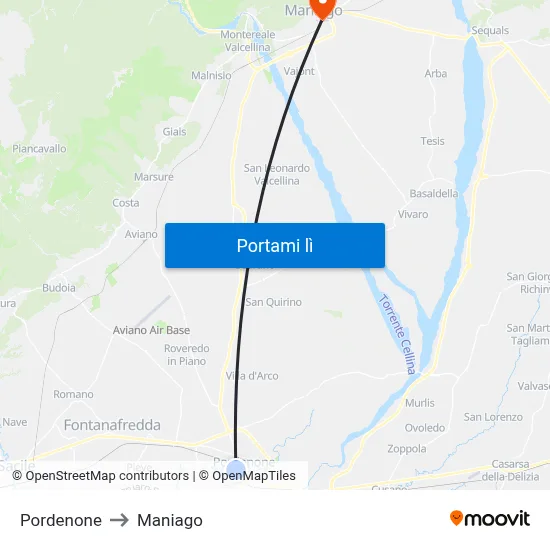 Pordenone to Maniago map