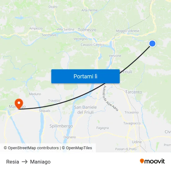 Resia to Maniago map