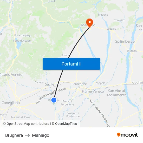 Brugnera to Maniago map
