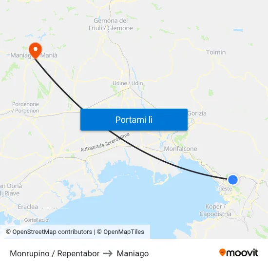 Monrupino / Repentabor to Maniago map