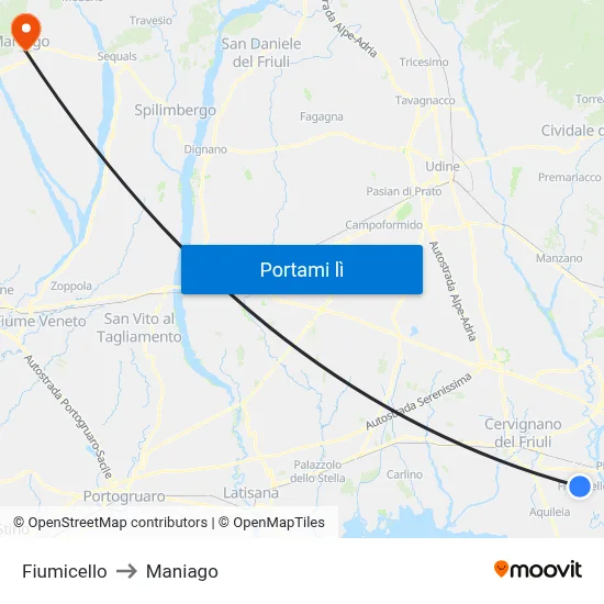 Fiumicello to Maniago map