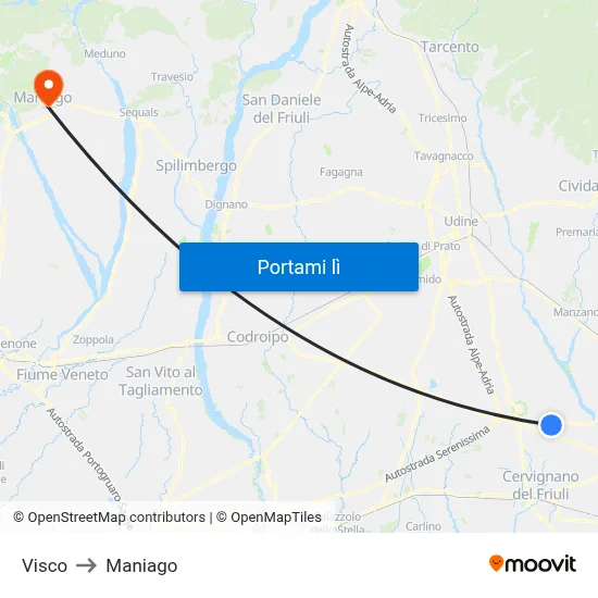Visco to Maniago map