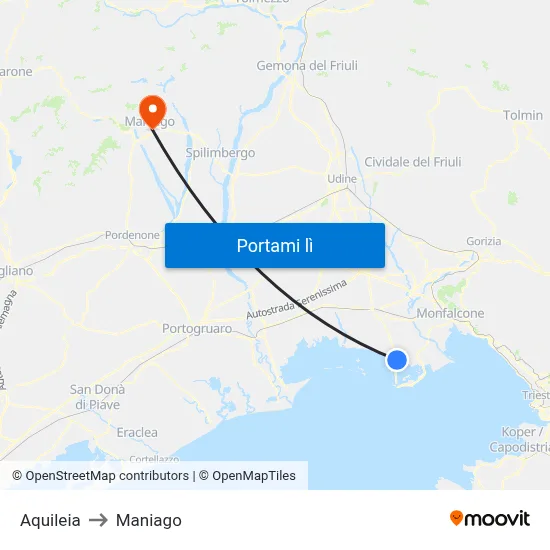 Aquileia to Maniago map