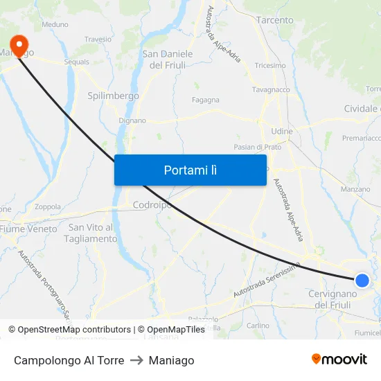 Campolongo Al Torre to Maniago map