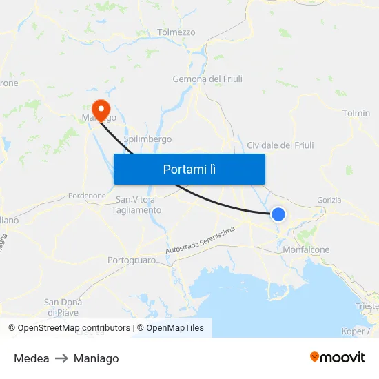 Medea to Maniago map
