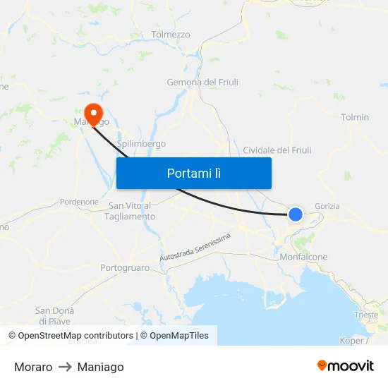 Moraro to Maniago map