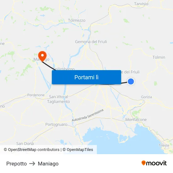 Prepotto to Maniago map
