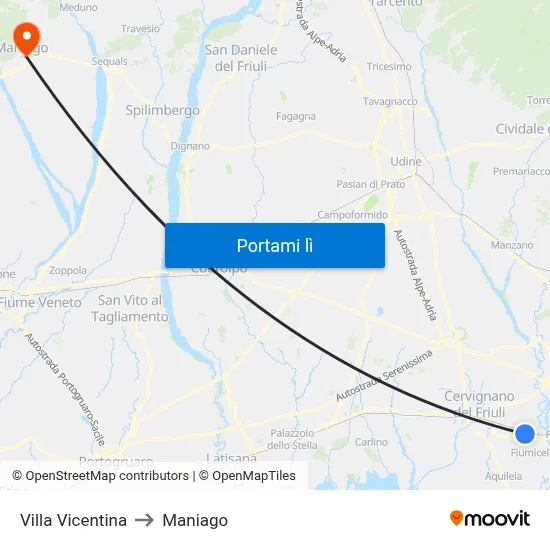 Villa Vicentina to Maniago map