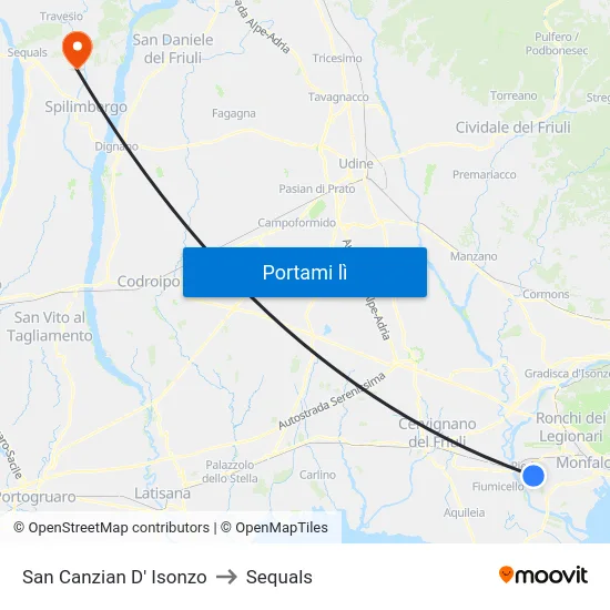 San Canzian D' Isonzo to Sequals map