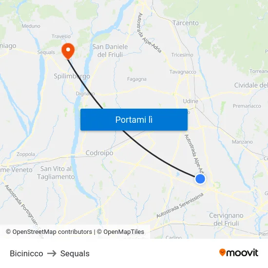 Bicinicco to Sequals map