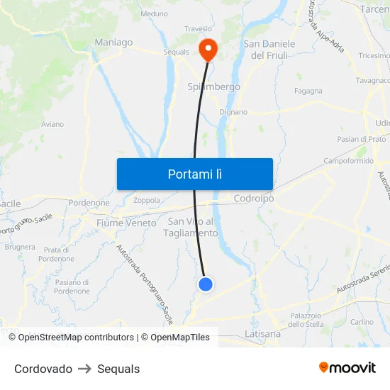 Cordovado to Sequals map