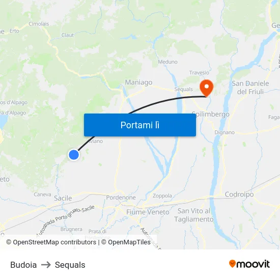 Budoia to Sequals map