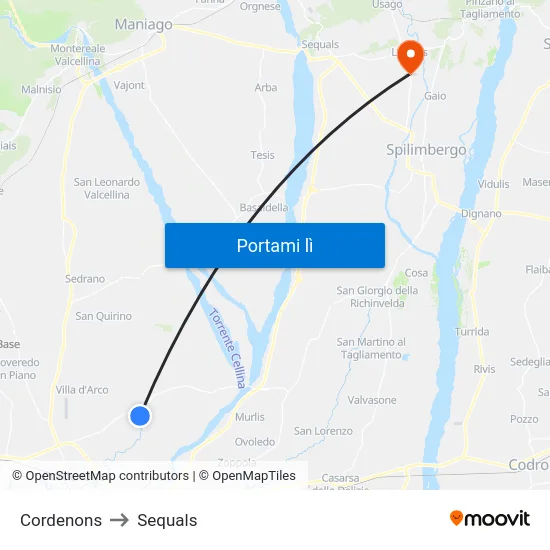 Cordenons to Sequals map