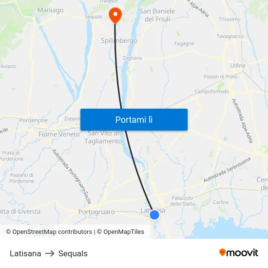 Latisana to Sequals map