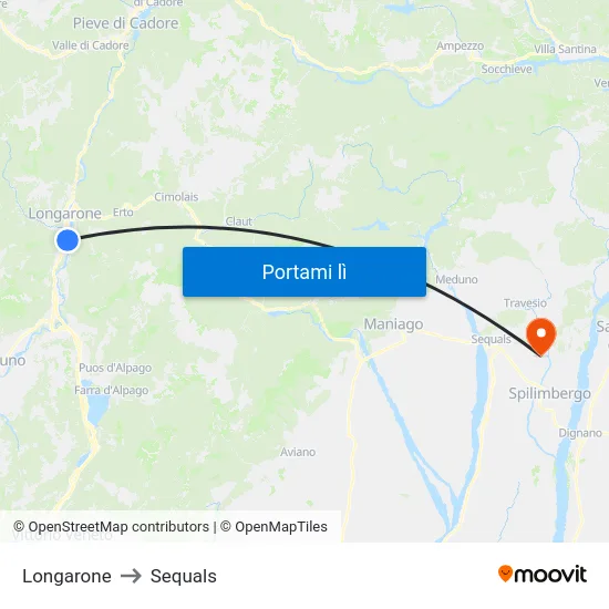 Longarone to Sequals map