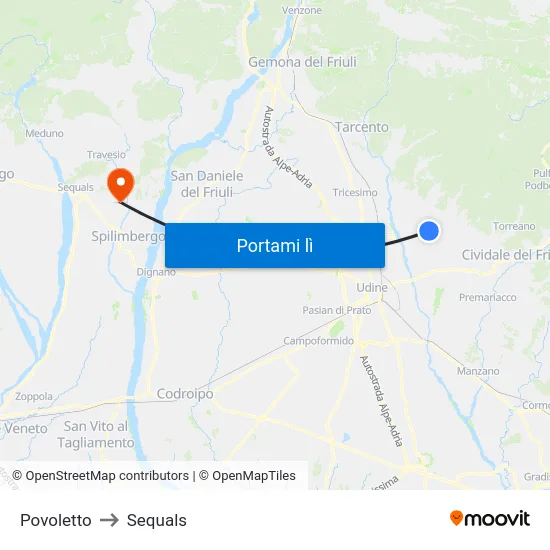 Povoletto to Sequals map