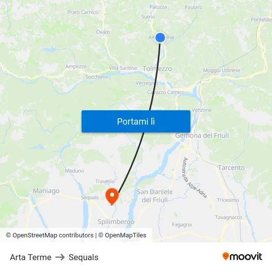 Arta Terme to Sequals map