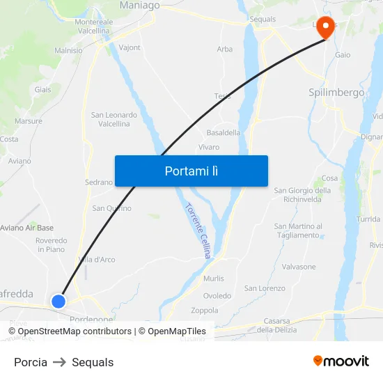Porcia to Sequals map