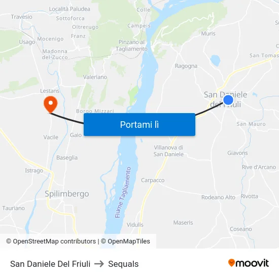 San Daniele Del Friuli to Sequals map