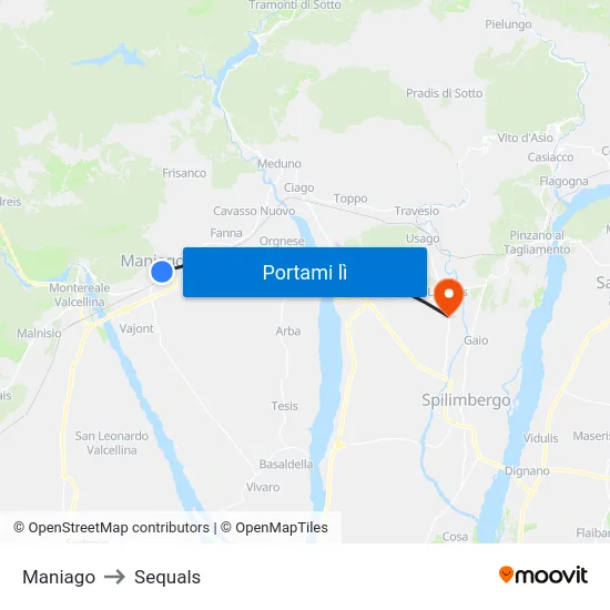 Maniago to Sequals map