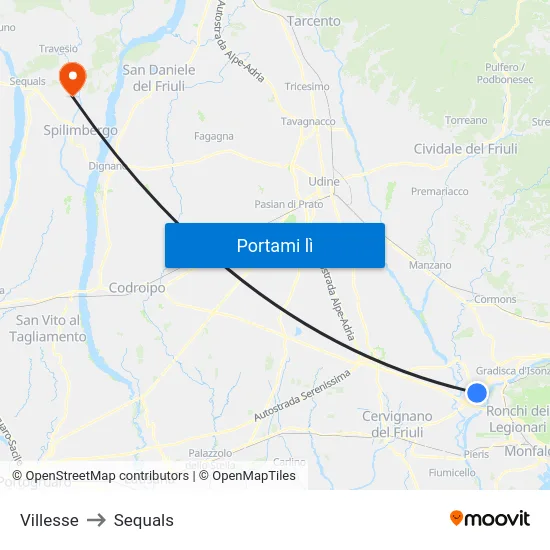 Villesse to Sequals map