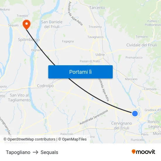 Tapogliano to Sequals map