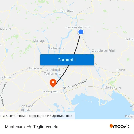 Montenars to Teglio Veneto map