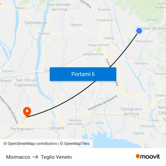 Moimacco to Teglio Veneto map