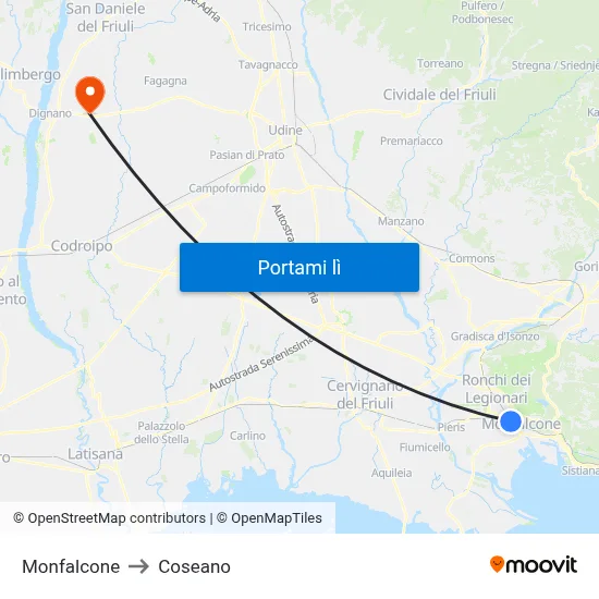 Monfalcone to Coseano map