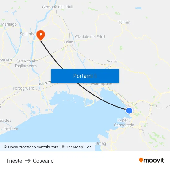 Trieste to Coseano map
