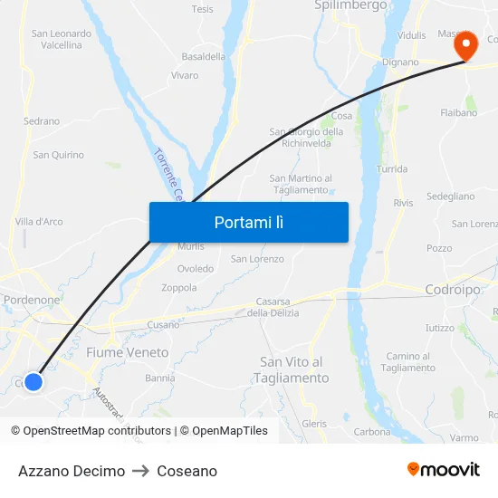 Azzano Decimo to Coseano map
