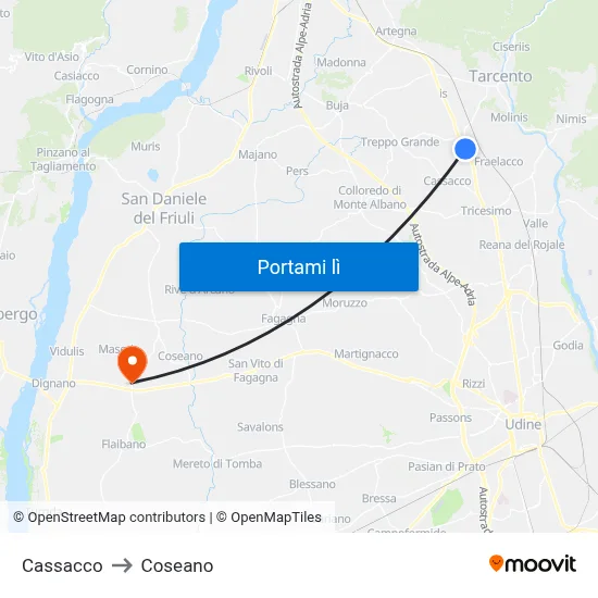 Cassacco to Coseano map