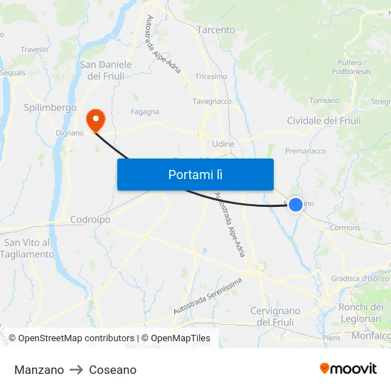 Manzano to Coseano map