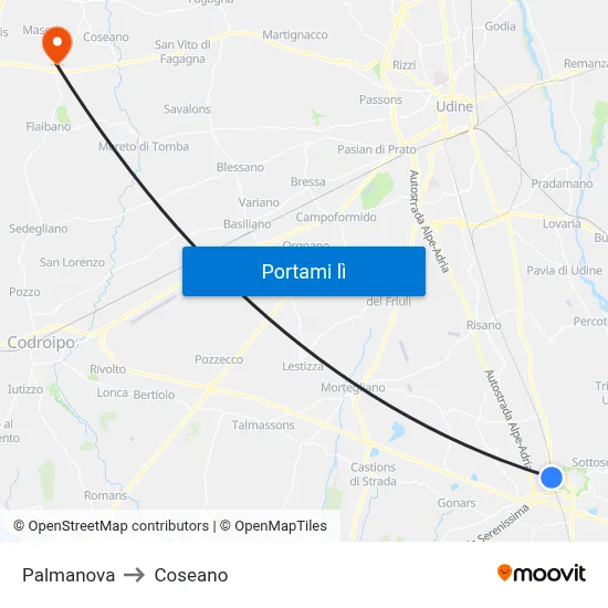 Palmanova to Coseano map