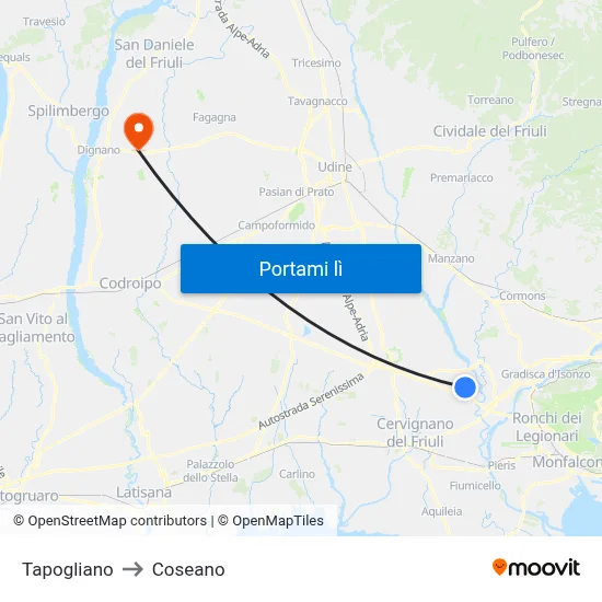 Tapogliano to Coseano map