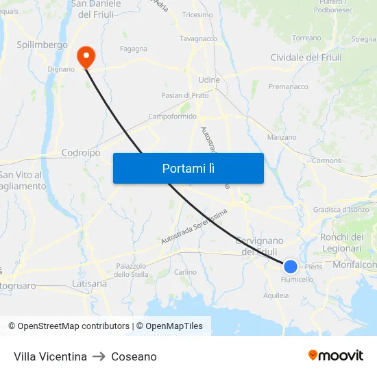 Villa Vicentina to Coseano map