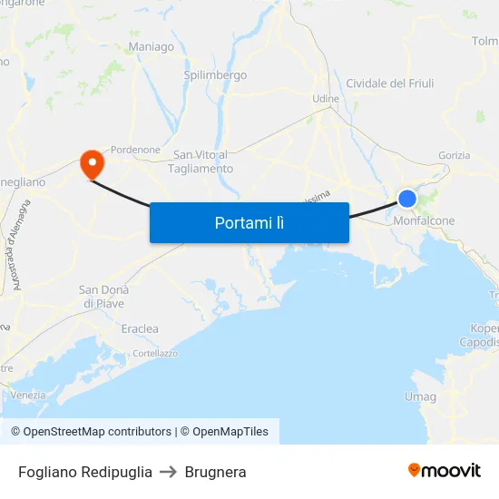 Fogliano Redipuglia to Brugnera map