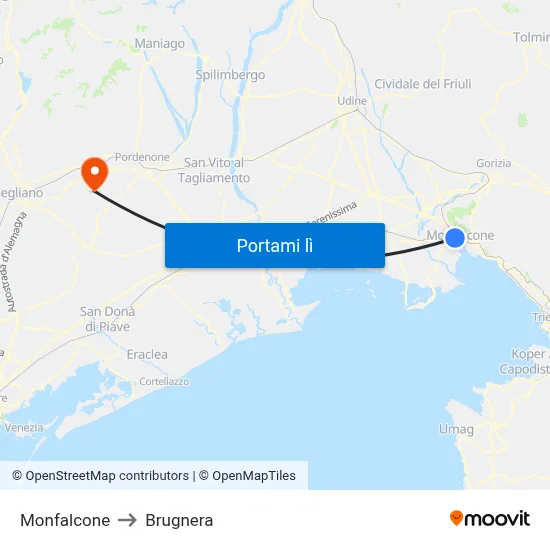 Monfalcone to Brugnera map