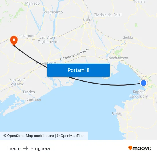 Trieste to Brugnera map