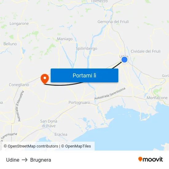 Udine to Brugnera map