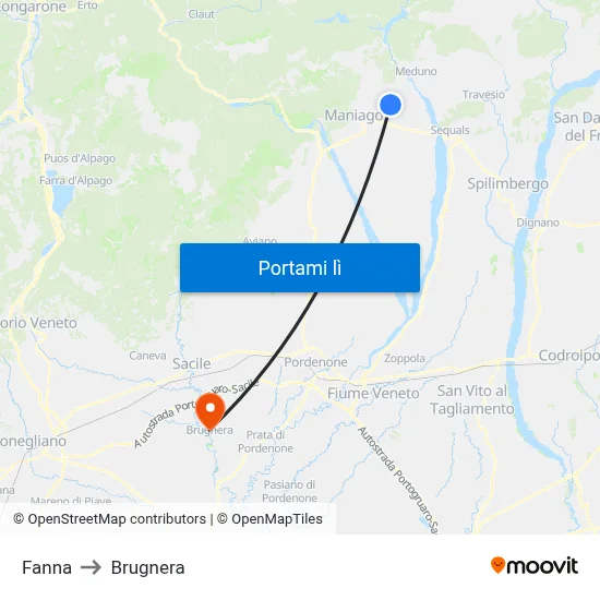 Fanna to Brugnera map